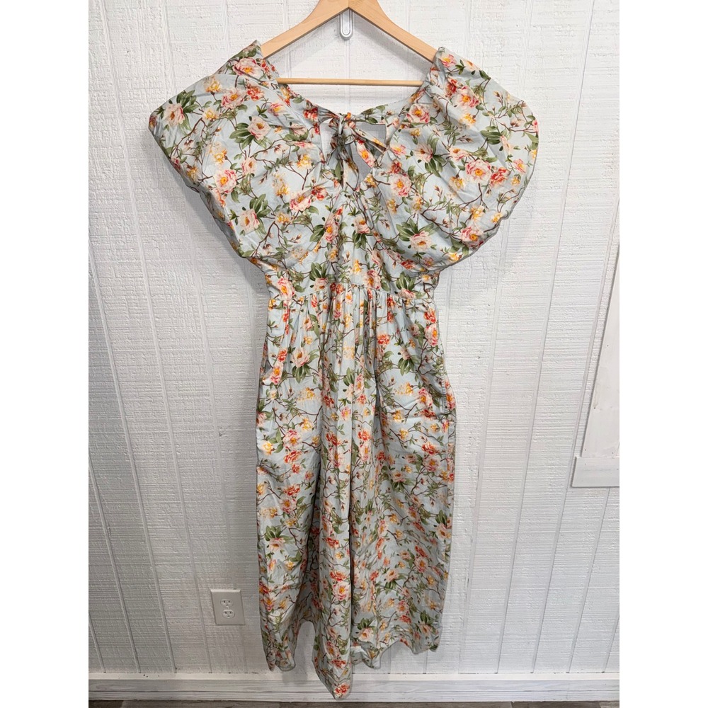 Society Social x Crown & Ivy Cabana Jumpsuit Women 4 Blue Floral Puff Sleeve NEW